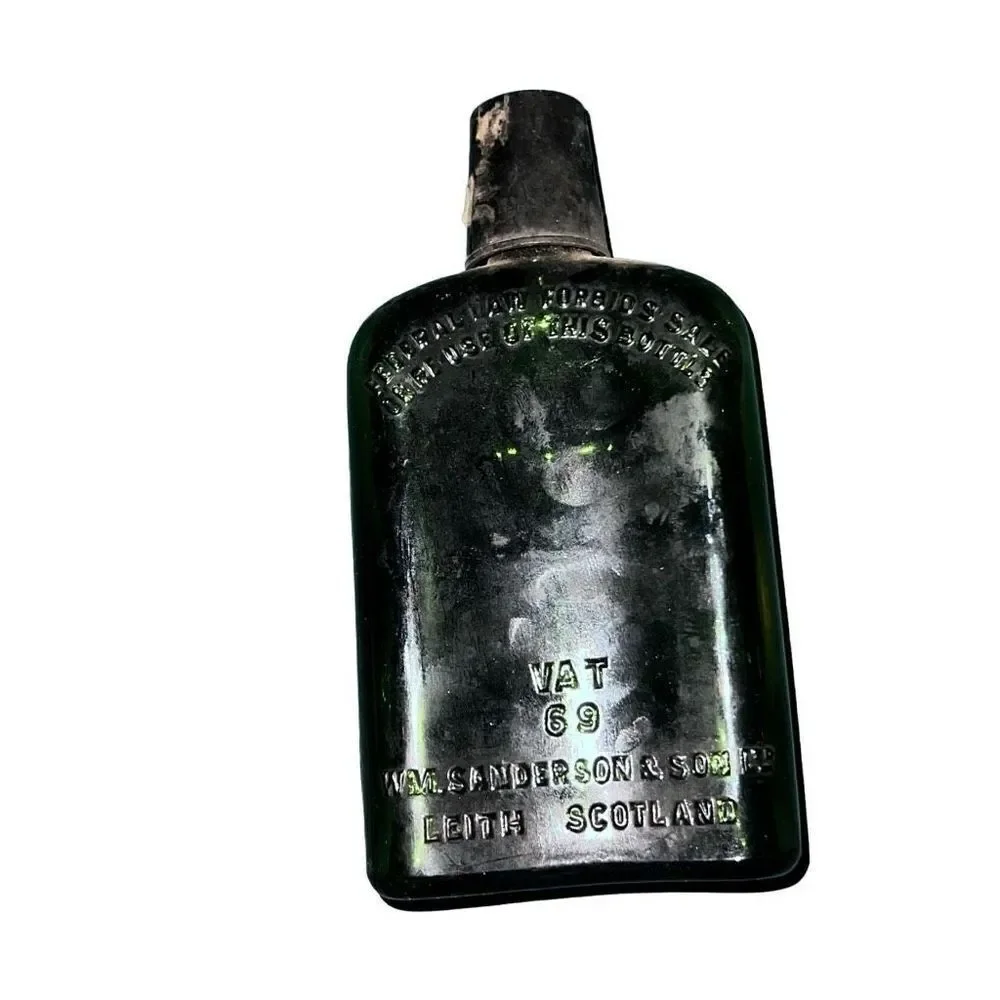 Antique Leith Scotland Black Glass Sanderson & Son Liquor Bottle Size 7” x 3.5”
